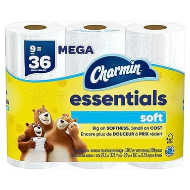 Charmin Essentials Soft Toilet Paper, 9 Mega Rolls = 36 Regular Rolls