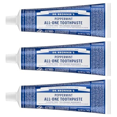 Dr. Bronner’s All-One Toothpaste Pack of 3– Peppermint, 5 oz– Fluoride-Free Toothpaste for Adults, SLS-Free, 70% Organic & Natural Ingredients, Vegan, Helps Freshen Breath & Reduce Plaque