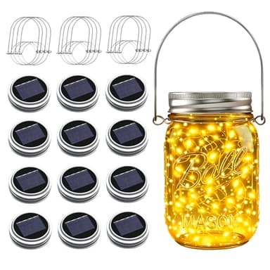 ZNYCYE Mason Jar Solar Lights for Outside, 12 Pack 30 LED Fairy Firefly Lights Mason Jar Solar Lids Outdoor Waterproof String Lights with Hangers(NO JARS) for Patio Garden Yard Lawn Decor - Warm White