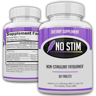 No-Stim Non Stimulant Fat Burner Diet Pills that Work- Appetite Suppressant & Best Caffeine Free Weight Loss Supplement- Natural Thermogenic Fat Loss Pill- 60 Tablets