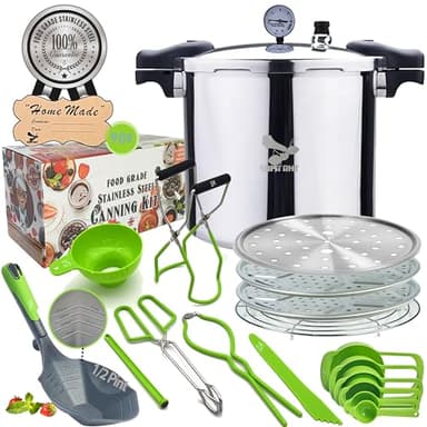 Supa Ant Pressure Canner 23 Qt with Canning Supplies Starter Kit - Canning Pressure Cooker with Gauge - Water Bath Canner Pot with Rack and Lid - Jar Lifter, XL Ladle, Jar Tongs, and Bubble Popper