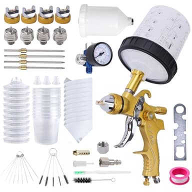 Zeinlenx HVLP Spray Gun with 10Pcs 600ML Disposable Paint Cups, 4 Nozzles,1.4/1.7/2.0/2.5mm, Automotive Gravity Feed Paint Spray Gun Kit with Air Compressor Regulator for Auto (Gold)