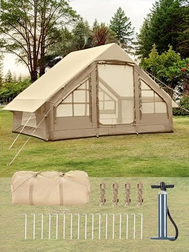Inflatable Tents for Camping 2-4 Person - Easy Blow Up Glamping Tent with Hand Pump, Waterproof PVC Air Inflatable Tent House for Family Weekend Camping, Beige