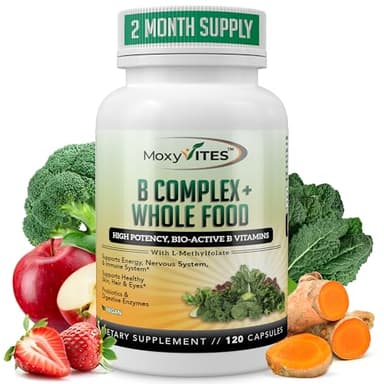 MoxyVites Vitamin B Complex - B Vitamins Whole Food Supplement, B12 Methylcobalamin, B1, B2, B3, B5, B6, B7, B9 - for Stress, Energy and Immune Support, Vegan, 120 Capsules