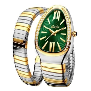 DAXIAOYU Classic Snake Shape Watch for Women Gold Silver Scaleable Bracelet Womens Watches Bling Diamonds Quartz Ladies Wristwatch (silvergold-Green)