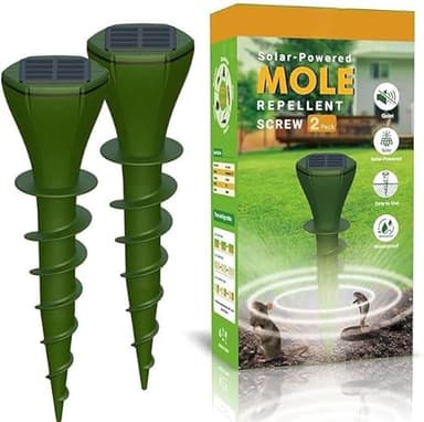 Mole Repellent for Lawns Gopher Screw Repeller Solar Powered Outdoor Groundhog Deterrent Vibration Stakes - Quiet Get Rid of Snake Vole Armadillo - No Poison Kill Traps (Green 2pack)