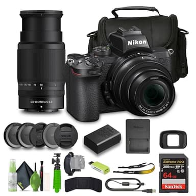 Nikon Z50 Compact Lightweight Mirrorless Camera with 16-50mm and 50-250mm Lenses + Soft Case + Cleaning Kit + Memory Card Wallet + Extreme PRO 64GB Card + Card Reader + Hand Strap + Flex Tripod