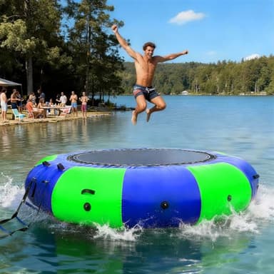 OZIS 10FT Inflatable Water Trampoline with 500W Electric Pump, Rope Ladder — Portable Recreational Water Bouncer for Adults, Perfect for Lakes and Pools(Blue+Green)