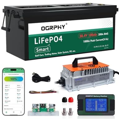 OGRPHY 36V 100Ah Lithium Golf Cart Battery - Conversion Kit with 200A Smart BMS (1000A Peak), Bluetooth & Touch Monitor, 25A Fast Charger | 4000+ Cycles | Fits EZGO, Yamaha, Club Car