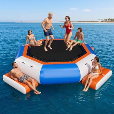 YUMPIE Inflatable Water Trampoline, 12FT Floating Water Bouncer with 3 Platforms, High Elastic Net, Durable PVC, Large Jumping Area with Electric Pump, Recreational Bounce Platform for Kids & Adults