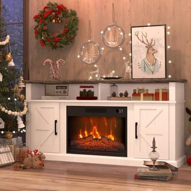 LubanNese Fireplace TV Stand for TVs Up to 65" with 23" Electric Fireplace, Entertainment Center with Storage Cabinet and Open Shelves, Media Console with Barn Doors for Living Room (White)