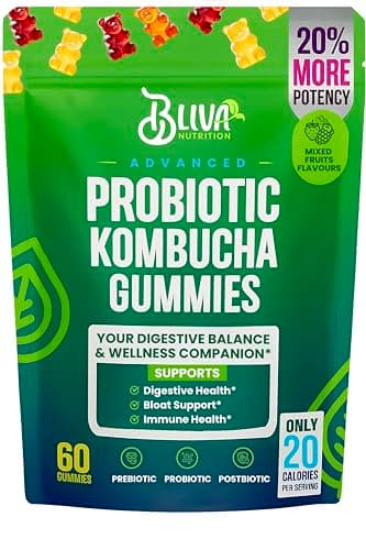 BLIVA Probiotic Kombucha Gummies - Prebiotics, Probiotics, Postbiotics, Slippery Elm Bark & Fiber - Probiotics Gummy Supplement for Men & Women - 60 Gummies