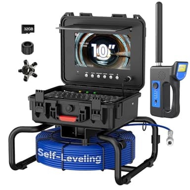 JINXINEBAY 10 Inch IPS Sewer Inspection Camera with 512Hz Locator, 1080P AHD, 50M Cable, DVR, Auto Self-Leveling, 5X Zoom, TF Card, LED Lights for Pipe/Wall/Drain (100FT/512hz Locator)