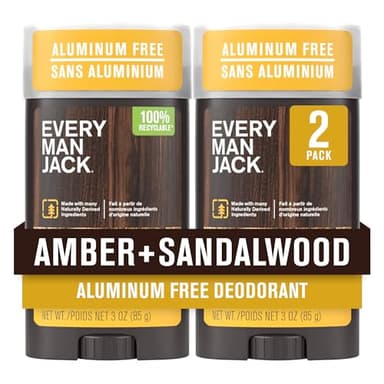 Every Man Jack Amber + Sandalwood Men’s Deodorant - Stay Fresh with Aluminum Free Deodorant For all Skin Types - Odor Crushing, Long Lasting, with Naturally Derived Ingredients - 3oz (2 Pack)
