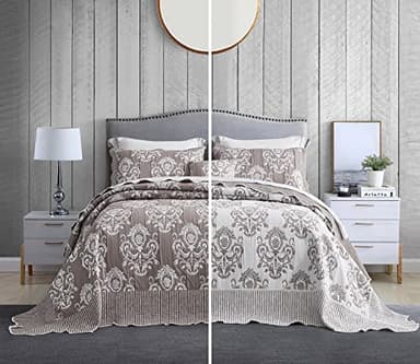 HZ & HY Oversized King Bedspread 138x122 Extra Wide, Jacquard Matelasse Damask Pattern Design, Lightweight, Reversible, 5 Piece, 100% Microfiber, California/Alaskan King, Tan Brown