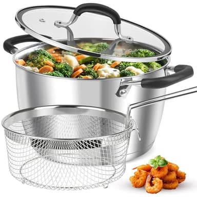 AOSION 6 Quart Stainless Steel Stock Pot with Lid, Deep Fryer Basket for Kitchen Colander Frying Cooking Steaming, 6QT Large Stock Pot for Cooking, Induction Ready, Compatible with All Stoves