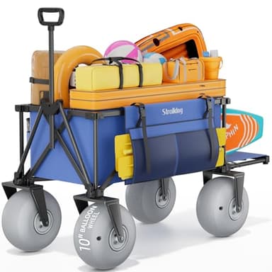 Strolking 51" Beach Wagon with 10" PU Balloon Wheel,440LBS Beach Cart with Rear Tailgate, Foldable Wagon for Sand, Grass and Gravel,Blue (Pump Included)