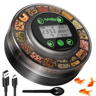 Papettly Automatic Fish Feeder for Aquarium - Auto Fish Food Dispenser for Fish Turtle Tank with USB Cable & LCD Display, Timer Fish Feeder for Vacation Weekend Holiday, with Fish Feeder Spoon