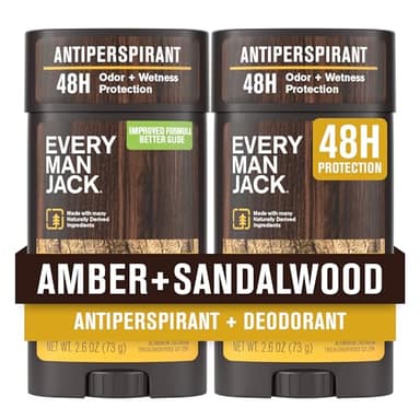 Every Man Jack Men’s Amber + Sandalwood Antiperspirant Deodorant – New & Improved Formula – 48-Hour Odor & Sweat Defense– 2.6 oz (2 Pack)