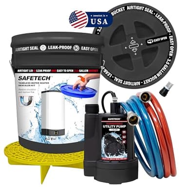 Safetech Tankless Water Heater Flushing Kit with Screw-Top Lid, Premium Hoses, 1/6 HP Utility Pump, and Pump Grate - Just Add Vinegar