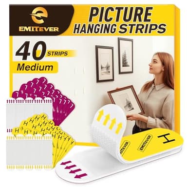 EMITEVER Picture Hanging Strips Heavy Duty, Damage Free Picture Hangers for Walls, Picture Hanging Kit, Hanging Hooks Without Nails, Medium Adhesive Wall Strips for Poster Sticky 20-Pairs (40 Strips)