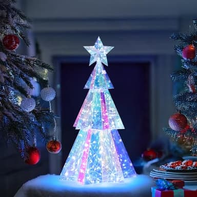 Holographic Christmas Tree, 15 Inch Desktop Decoration Tree with LED Lights, Prismatic Iridescent Christmas Tree Gift for Kids Girls Families Office Indoor Decorations