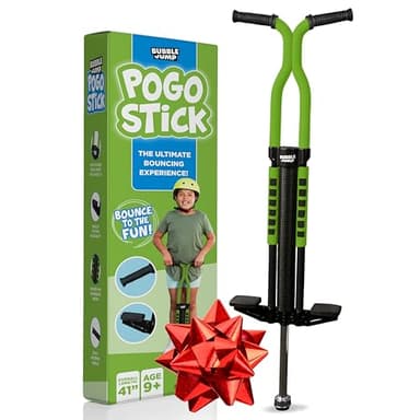 BUBBLE JUMP Pogo Stick for Kids Age 10 & up Green - for Boys, Girls, Teens & Adults 80 to 160 Lbs - Easy Grip Rubber Handle Master Jumper Pogo Sticks - High Jumping Kids Pogo Stick