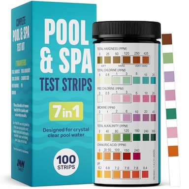JNW 7-in-1 Pool Test Strips, 100 Quick & Accurate Test Strips for Pool Water, Spa Test Strips for Hot Tub, Chlorine Test Strips, Bromine, pH, Alkalinity, Hardness & More - Swimming Pool Test Kit