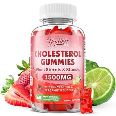 Cholesterol Supplements Gummies with Plant Sterols & Stanols, Guggul, Bergamot Orange, Red Yeast Rice, Cholesterol Complex Gummies, Sugar Free, Strawberry Flavor, 60 Count