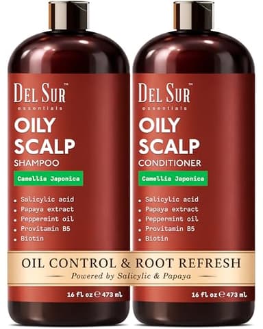 DEL SUR Clarifying Shampoo and Conditioner Set for Oily Hair | 16 fl oz | with Camellia Japonica, Salicylic Acid, Papaya & Biotin | Scalp Oil Control for Oily Roots & Greasy Hair