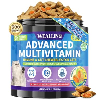 Taurine for Cats Vitamins Treats, 18 in 1 Cat Multivitamins Treats 500 Crunchy & Krill Chews Cat Vitamins with Taurine Supplements for Heart Vision Immune Digestion Skin & Coat Support for All Ages