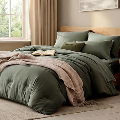WRENSONGE Queen Comforter Set- 7 Pieces Soft Olive Green Bed in a Bag with Fitted Sheet, Flat Sheet, 2 Pillow Shams, and 2 Pillowcases- Warm Bedding Sets Queen for All Season