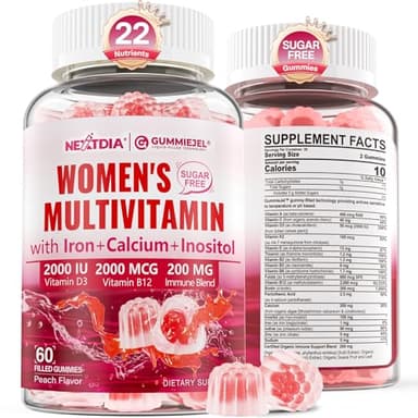 Methylated Multivitamin for Women Gummies, Calcium, D3 K2, Methylfolate & B12, Inositol, Daily Vitamin A C E, B Complex, Biotin, Zinc, Iron -Energy, Immune, Bone, Skin, Hair, Sugar Free, 60Cts