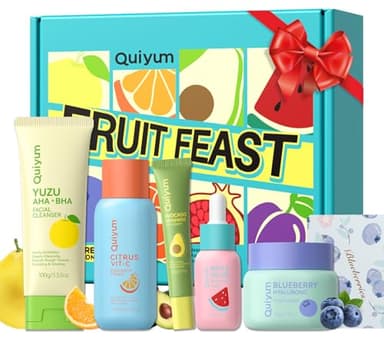 QUIYUM Fruit Skincare for Teens, 5 Daily Routine Beauty Skin Care Sets - Exfoliating, Smooth, Clean, Oil Control, Firm, Hydrating, Glow Up, Facial Skincare Gift Set for Girls Women, for All Skin Types
