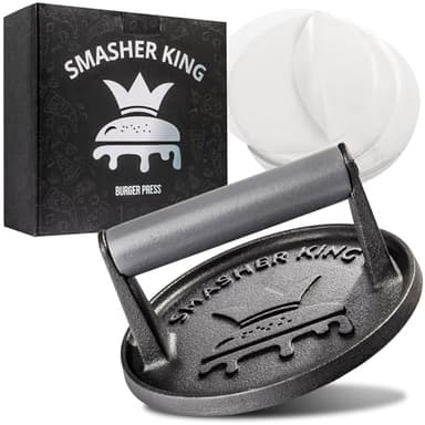 SMASHER KING™ - Smash Burger Press - Cast Iron Burger Smasher And Hamburger Patty Maker - Smash Burger Kit With 25 Sheets Of Paper - Grill Press And Steak Weight For Heavy Meat Smasher Cooking Results