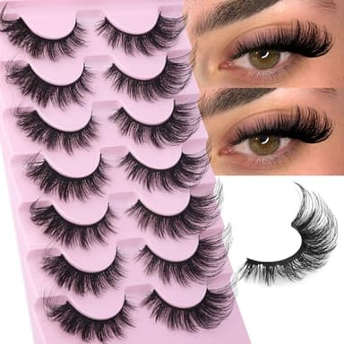EYDEVRO False Eyelashes Fluffy Lashes D Curl Faux Mink Lashes Cat Eye Lashes Wispy Fake Lashes Fox Eye Manga Lashes Volume Strip Lashes 7 Pairs Pack