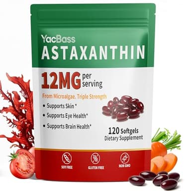 YacBass Astaxanthin Supplements 12mg - Premium Astaxanthin 120 Softgels for Eye, Brain, Skin & Immune Support, Microalgae Source, 4 Month Supply