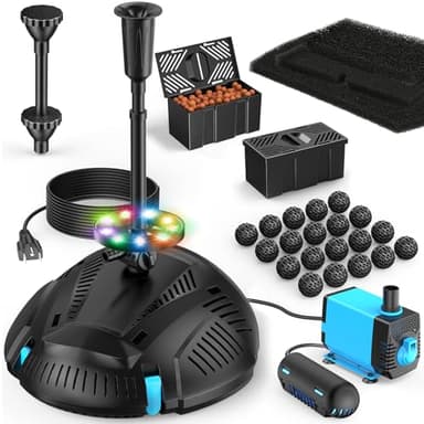 POPOSOAP Pond Filter with Fountain Kits Built-in U-V Clarifier, 660GPH Pond Pump Filter with RGB LED Lights & Remote Controller Light Timer, Pond Filters for Outdoor Ponds Clean, Clear P2300D