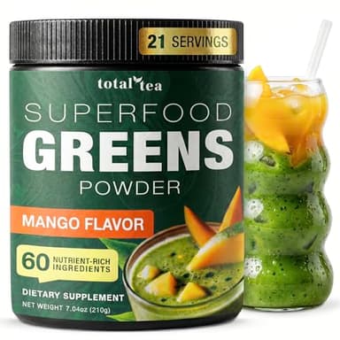 Total Tea Super Greens Powder Supplement, Greens, Fruits, Vegetables, Vegan Drink with Spirulina, Chlorella and Vitamins 21 Servings - Mango