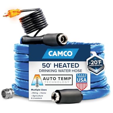 Camco 50-foot Heated Water Hose for RV — Prevents Freezing Down to -20° — Certified For Drinking Water & Lead-Free — Great for Campers, Livestock, Agriculture, Kennels, etc. — 5/8" ID (22912)