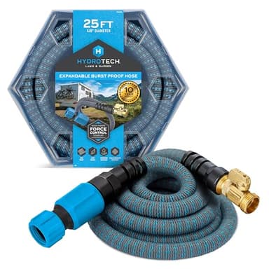 HydroTech 5/8" 25 ft Expandable Garden Hose - Flexible, Lightweight, Durable and Burst-Proof Hose with Reinforced Latex Core and Solid Brass Fittings - Great for Lawn Care, Garden, and Car Washing