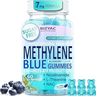 Methylene Blue Gummies 7mg, Methylene Blue for Humans Supplement w/NAC, VIT B3 & L-Theanine, Brain & Mitochondrial Support, Enhances Energy, Focus and Cognitive, Sugar Free, 60 Ct