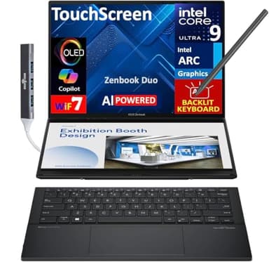 ASUS Zenbook Duo ux8406 AI Powered 2-in-1 Laptop 14.0" Touchscreen OLED 3K 120Hz Display (Intel Ultra 9-285H, 32GB LPDDR5X, 2TB PCIe SSD, Active Pen, Backlit KB, Win 11 Home) w/DKZ USB Port Expander