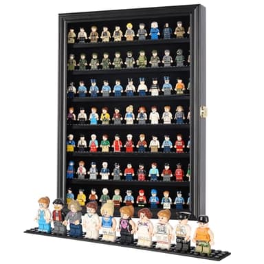 Minifigure Display Case - Building Block Toy Wall Cabinet Showcase for Small Miniature Collectibles Mini Brands Thimbles, Lockable UV Protection Door (Black Finish Frame)