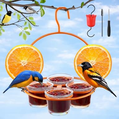 1 Pack Oriole Bird Feeder for Outdoors Jelly and Oranges, Hanging Oriole Feeder with Ant Moat & 4 Glass Cups & Cleaning Brush & Screwdriver, Metal Bird feeders for Outdoors for Jelly Nectar (4 Cups)