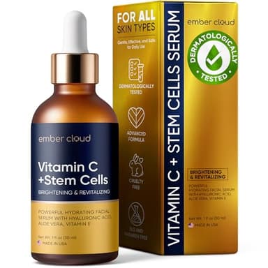 Ember Cloud Vitamin C Serum for Face with Stem Cells Hyaluronic Acid Vitamin E Aloe Vera For All Skin Types Anti-Aging Face Seru Supports Skin Health & Even Tone Day and Night Made in USA 1 Oz