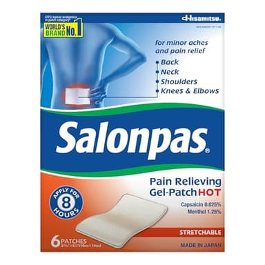 Salonpas Pain Relieving Gel Patch HOT, 6 Count (Pack of 1), Menthol and Capsaicin, Up to 8 Hours Temporary Relief of Backache, Sore Muscle, Sprains, Bruises