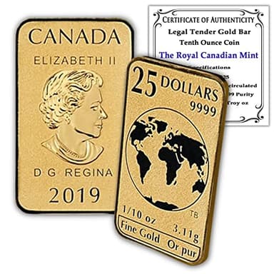 2019 1/10 oz RCM Gold Bar Coin by the Royal Canadian Mint Brilliant Uncirculated with Certificate of Authenticity $25 BU
