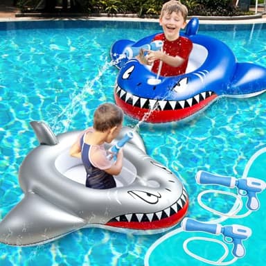 2 Pack Inflatable Shark Pool Floats Kids 3-11 Years, Kids Floaties Swimming Pool Toys with 2 Water Squirt Guns Boys Girls Party Float Ride-on Toddler Floatie with Safety Seat Summer Outdoor Water Game