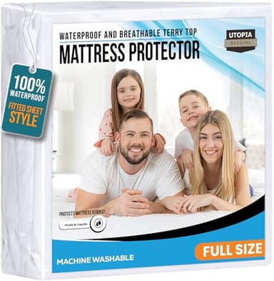 Full Size Mattress Protector Waterproof, Premium 200 GSM Terry Mattress Cover, Soft & Breathable Bed Cover, Fitted Sheet Style Stretchable Deep Pockets 15" by Utopia Bedding (White)